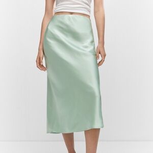Mango Elegant Mint Green Midi Satin Skirt